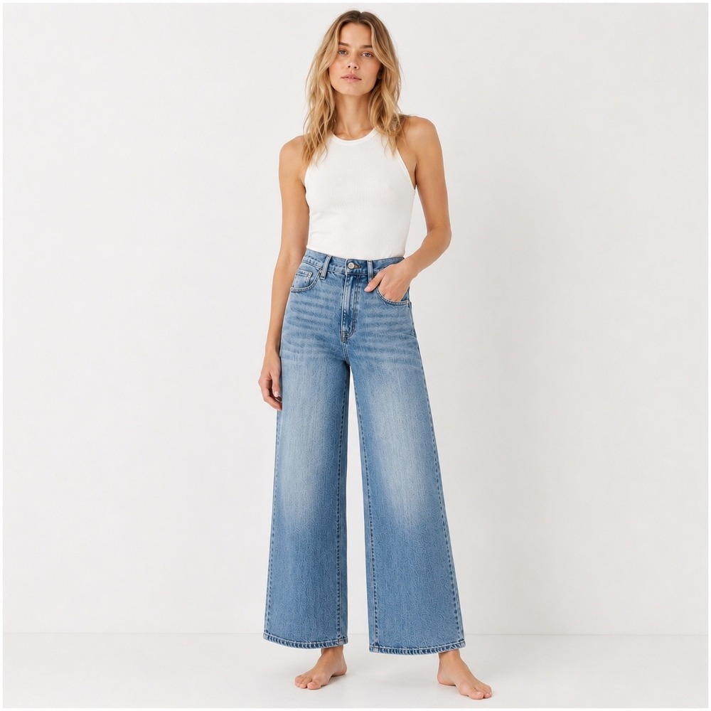 DKNY Jeans Houston High Rise Wide Leg Tall Women 27 Blue Denim Boho Chic Classic